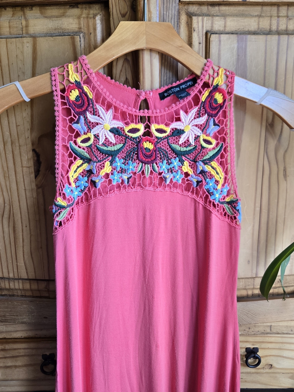 Boston Proper Pink Embroidered Crochet Yoke Dress